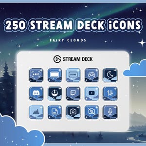 Könnte beinhalten: Ein Satz von 250 blauen und weißen Stream Deck-Symbolen mit einem Feenwolken-Thema. Die Symbole zeigen verschiedene Streaming-bezogene Symbole, wie z. B. ein Mikrofon, eine Kamera, eine Wiedergabetaste und eine Aufnahmetaste. Die Symbole sind in einem Raster auf einem weißen Hintergrund angeordnet.