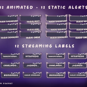 Animated Twitch Stream Overlay Package SPANISH Español: Cute Alerts, Purple Panels, Webcam Overlays, Screens, Offline Banner and Transition image 5