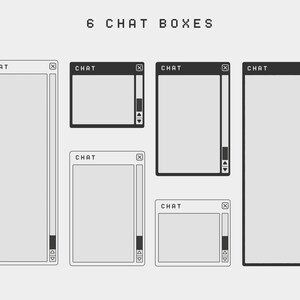 K&ouml;nnte beinhalten: Sechs verschiedene Chatboxen mit grauem Hintergrund und schwarzen Umrissen. Jede Box hat eine Titelleiste mit dem Wort "CHAT" und eine Schaltfl&auml;che zum Schlie&szlig;en. Die Boxen sind in einem Raster angeordnet.