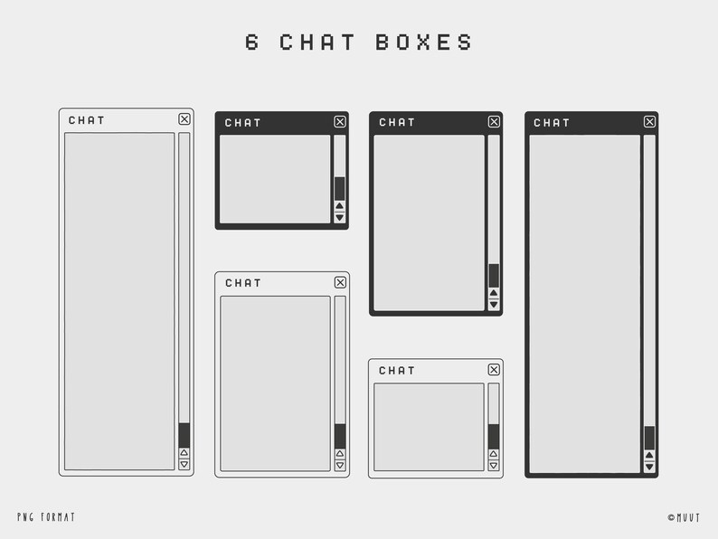 K&ouml;nnte beinhalten: Sechs verschiedene Chatboxen mit grauem Hintergrund und schwarzen Umrissen. Jede Box hat eine Titelleiste mit dem Wort "CHAT" und eine Schaltfl&auml;che zum Schlie&szlig;en. Die Boxen sind in einem Raster angeordnet.