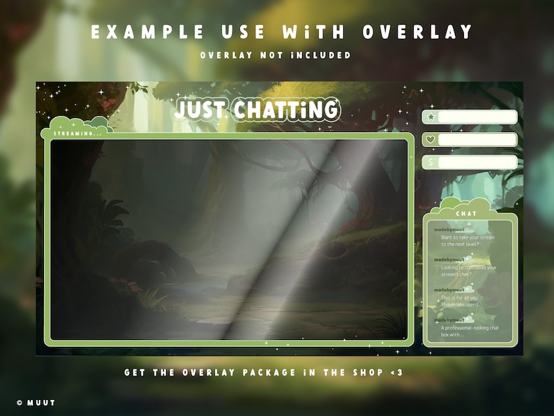 Pode incluir: Uma sobreposi&ccedil;&atilde;o digital verde e marrom para streaming com um fundo de floresta e o texto "JUST CHATTING". A sobreposi&ccedil;&atilde;o inclui uma caixa de bate-papo com mensagens de exemplo e uma se&ccedil;&atilde;o para seguidores, assinantes e doa&ccedil;&otilde;es.