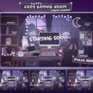 Cozy Gaming Room Animated Stream Screens: Handmade Lofi Twitch Theme in Purple