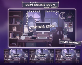Cozy Gaming Room Animated Stream Screens: Handmade Lofi Twitch Theme in Purple