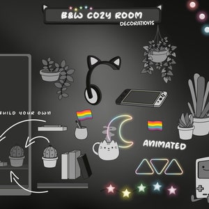 Op de afbeelding: Zwart-witte illustratie van een knusse kamer met decoraties. De afbeelding bevat een boekenkast, een kattenkop-hoofdband, een tablet, een cactus, een regenboogvlag, een neonmaan, een neon-driehoek, een videogameconsole en een lichtsnoer.