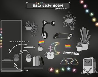 Cozy Animated Stream Overlay: Black and White Gaming Room Decorations (Rainbow, Pride Accents)