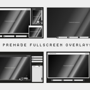 K&ouml;nnte beinhalten: Vier vorgefertigte Vollbild-Overlays in Schwarzwei&szlig; zum Streamen. Die Overlays verf&uuml;gen &uuml;ber ein Chat-Fenster, ein Streaming-Fenster und ein kleines Fenster f&uuml;r andere Inhalte. Der Text "STREAMING..." und "TRANSPARENT" ist im Bild sichtbar.