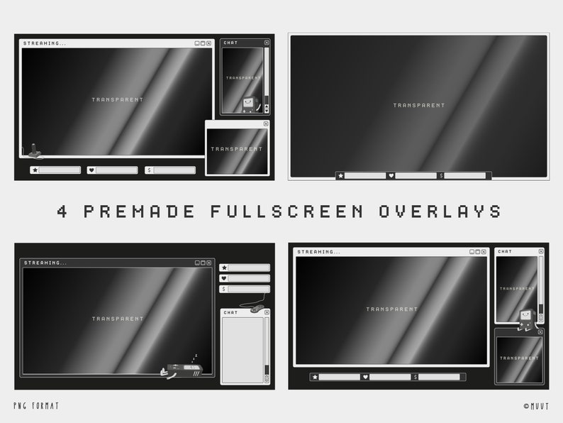 K&ouml;nnte beinhalten: Vier vorgefertigte Vollbild-Overlays in Schwarzwei&szlig; zum Streamen. Die Overlays verf&uuml;gen &uuml;ber ein Chat-Fenster, ein Streaming-Fenster und ein kleines Fenster f&uuml;r andere Inhalte. Der Text "STREAMING..." und "TRANSPARENT" ist im Bild sichtbar.