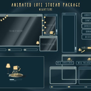 Animated Twitch Stream Package: Cute Alerts, Cozy Panels, Webcam Overlay, Screens, String Lights + Decorations in the LOFI night time Bundle