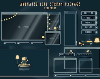 Animated Twitch Stream Package: Cute Alerts, Cozy Panels, Webcam Overlay, Screens, String Lights + Decorations in the LOFI night time Bundle