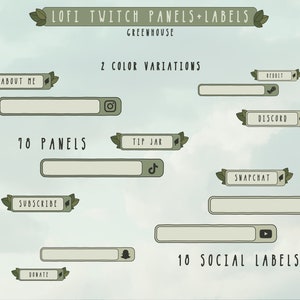 Cozy Twitch Panels und Social Media Labels Pack - Greenhouse - Cozy Twitch Overlay Plants | Lofi | Green | Leaves | Cottagecore | House