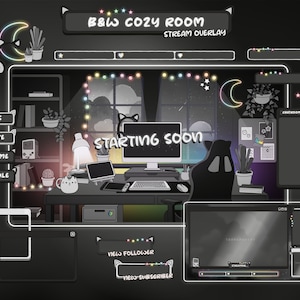 Animated Twitch Stream Overlay Package B&W Gaming Room: Cozy Screens, Cute Alerts, Lofi Panels, Webcam Overlays, Offline Banner + Transition