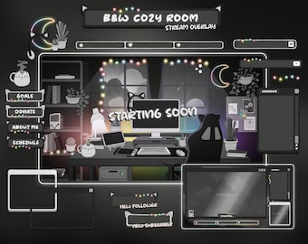 Animated Black and White Cozy Room Twitch Stream Overlay Package (Alerts, Panels, Rainbow Accents)