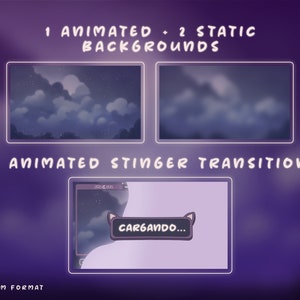 Animated Twitch Stream Overlay Package SPANISH Español: Cute Alerts, Purple Panels, Webcam Overlays, Screens, Offline Banner and Transition image 9