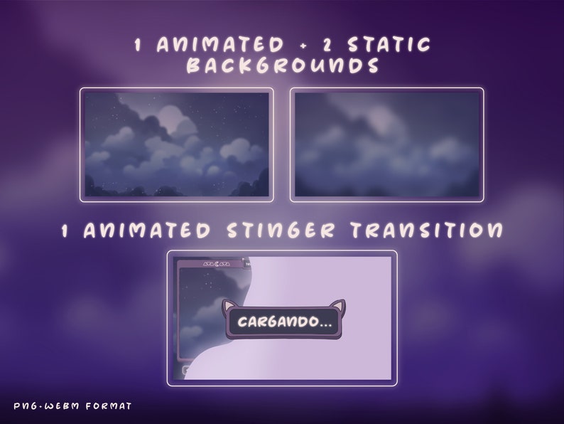 Animated Twitch Stream Overlay Package SPANISH Español: Cute Alerts, Purple Panels, Webcam Overlays, Screens, Offline Banner and Transition image 9