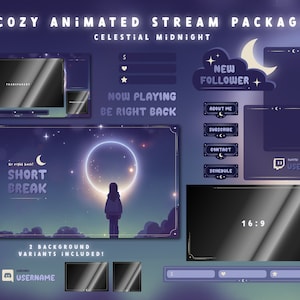 Animated Cozy Twitch Stream Package: Cute Alerts, Purple Panels, Webcam Overlays, Screens and Offline Banner in the Celestial Midnight theme