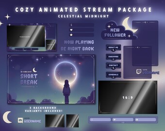 Animated Cozy Twitch Stream Package: Celestial Midnight Theme, Handmade Alerts, Panels, Headlines