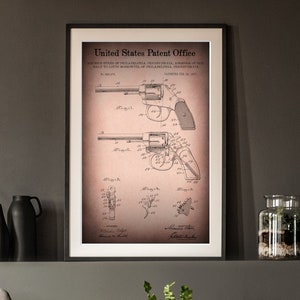 May include: A vintage patent drawing for a revolver pistol. The drawing is in black and white and shows the side and top views of the pistol. The text at the top of the drawing reads "United States Patent Office".