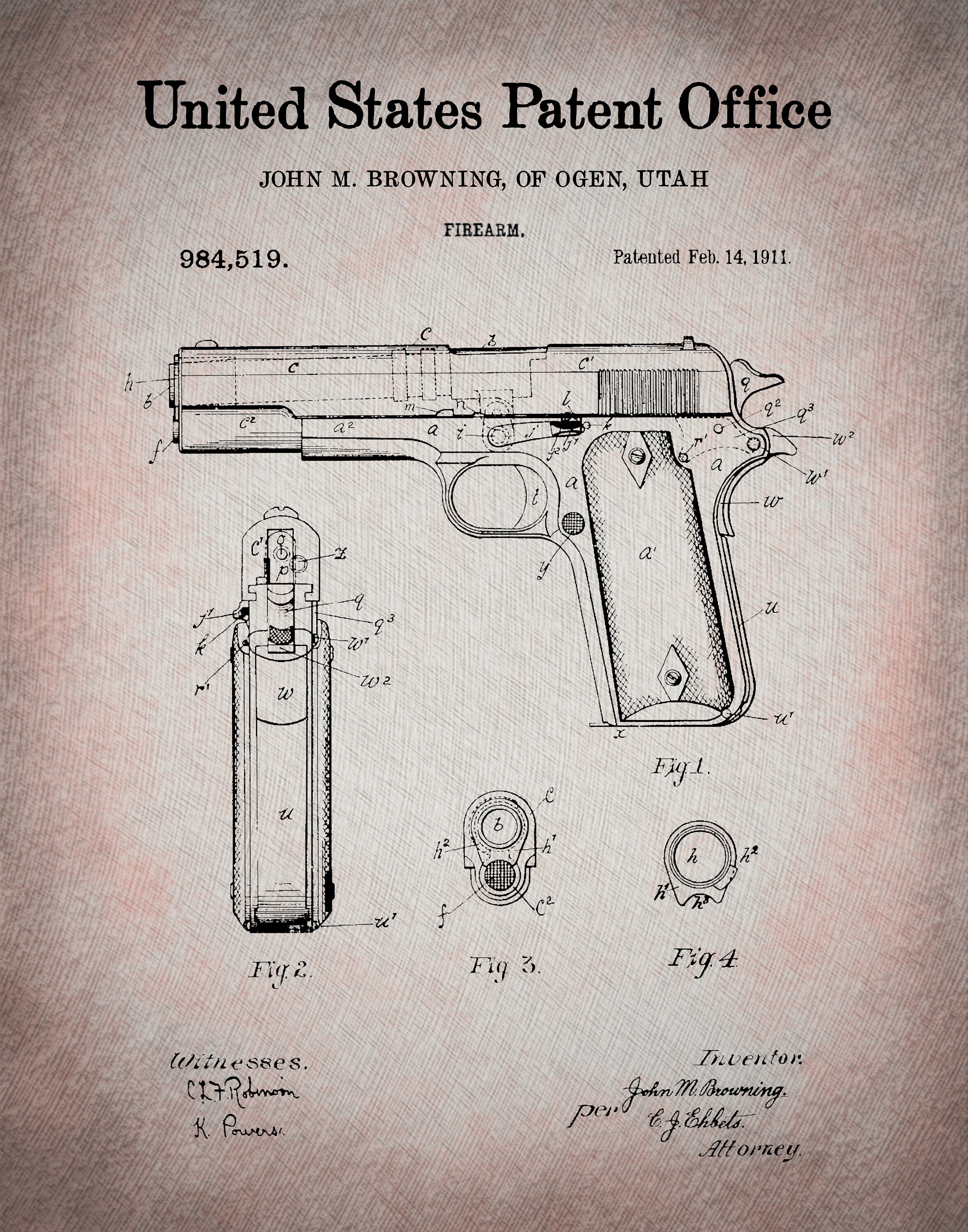 Browning 1911 Pistol Patent Print Weapon Firearm Hand - Etsy