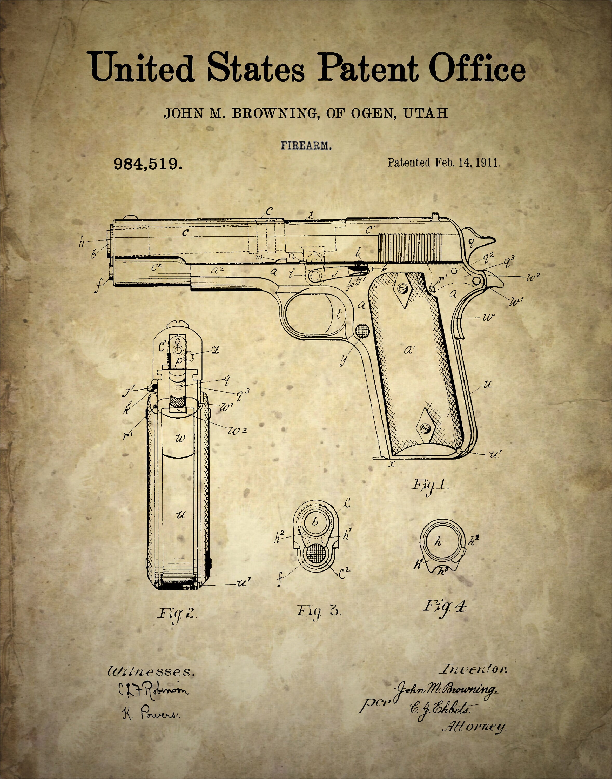 Browning 1911 Pistol Patent Print Weapon Firearm Hand - Etsy