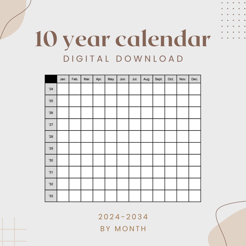 10year Calendar 20242033 Digital PDF Download for Long Term Planning