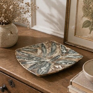 Signed Studio Pottery Platter AB 2003 – Handmade Marble Agate Square Plate – One of a Kind