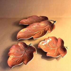 May include: Three ceramic leaf-shaped serving dishes in shades of brown and orange with a glossy finish. The leaf veins are visible, and the stems are a muted green. The dishes are arranged on a brown surface.