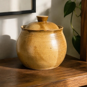 Vintage Studio Pottery Lidded Jar Small Handmade Stoneware Container Golden Ochre Brown Ceramic Vessel  Wabi Sabi Home Decor