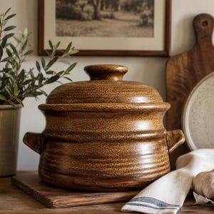May include: A round, brown ceramic cooking pot with a textured, speckled glaze finish. The pot features two side handles and a matching lid with a central knob. The body of the pot has horizontal ridges along the lower section and a smooth, curved rim.