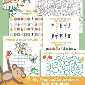 Jungle Animals Kids Activity Pack Printable Coloring Page, Matching Games, Crossword Puzzle, Maze, Jungle Party Games, Printable Download