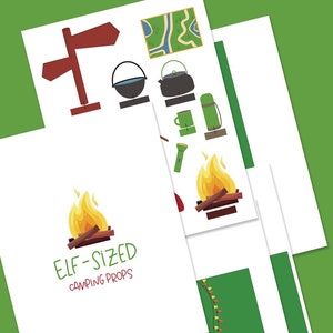 以下が含まれることがあります： 標識、地図、キャンプファイヤー、ケトル、魔法瓶、マグカップなど、紙に印刷されたキャンプ小道具のコレクション。「ELF-SIZED CAMPING PROPS」というテキストが1枚のシートに表示されています。