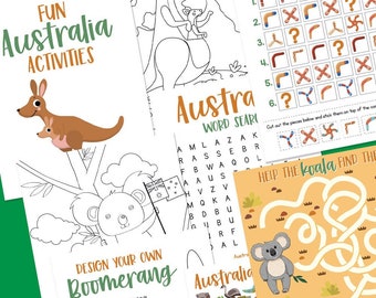 Australia Kids Activity Pack, I Spy Game, Printable Coloring Pages, Design a Boomerang, Word Search, Matching Games, Australian animals