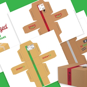 Peut inclure: Un modèle imprimable pour créer des boîtes en carton de taille d'elfe. Le modèle comprend des boîtes pour ElfMart et Elfazon Prime, avec le texte "Elf-Sized Shopping Delivery Boxes" en haut.