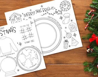 Christmas Activity Printable Placemat for Kids, Coloring Placemat, Instant Download PDF, 2 Kids Christmas Coloring Pages, Holiday Tablemat