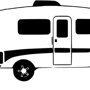 May include: A black and white illustration of a camper van with a single door and a window on each side. The camper van has a rounded roof and a single wheel visible.
