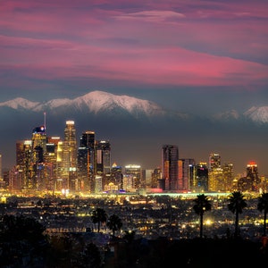 Los Angeles Skyline at Dusk against Mountains / home decor/canvas art print/wall art