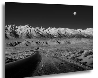Eastern Sierra Moonset Black and White – Mount Whitney Landscape – Dramatic Fine Art Photography Print