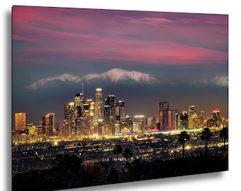Los Angeles Skyline at Sunset – Snowy San Gabriel Mountains – LA  Fine Art Photography Print