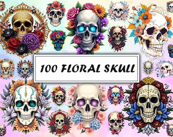 Puede incluir: Un collage digital de 100 diseños de calaveras florales. Las calaveras están rodeadas de flores y hojas coloridas. Las calaveras son blancas con ojos negros y una nariz negra. Las flores son en tonos de rosa, morado, rojo, amarillo y azul.