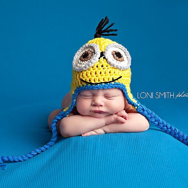 Minions Movie Earflaps Hat Photo Prop - Crochet Pattern Digital PDF - 6 Sizes!