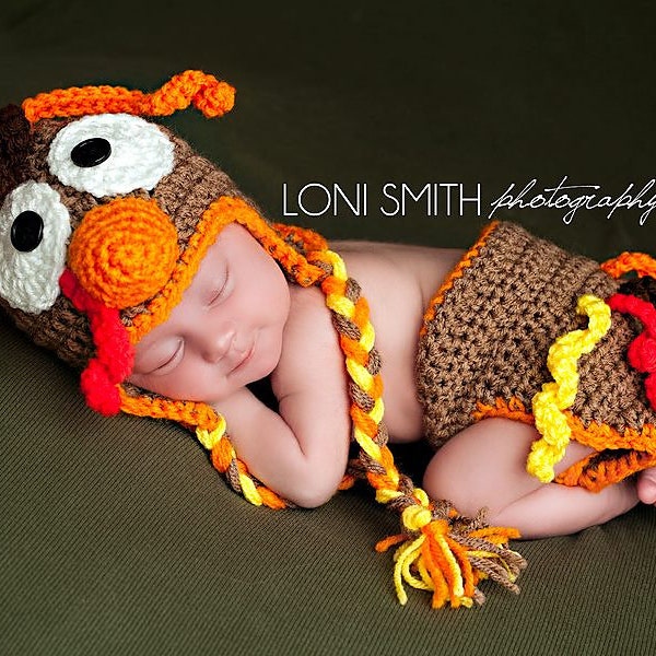 Thanksgiving Turkey Ear Flap Hat & Diaper Cover Outfit Set Photo Prop - Crochet Pattern Digital PDF - 3 Sizes!