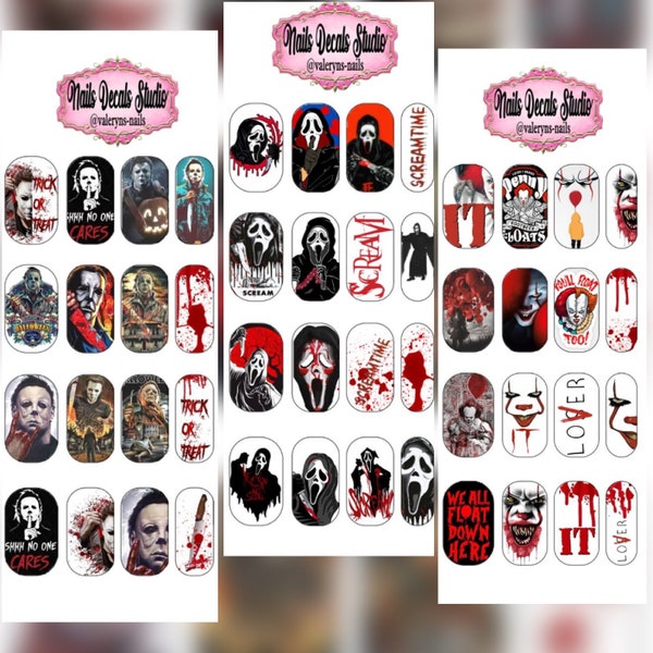 Scary movies Nail Decals, pennywise It Clown, Scream & Halloween movies waterslide nails decals, sticker