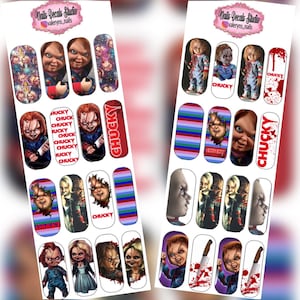 May include: Nail decals featuring images of the Chucky doll from the horror film franchise. The decals include images of Chucky with a knife, and the word "CHUCKY" in red. The decals are on a white background.