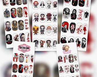 May include: Nail decals featuring horror movie characters like Michael Myers, Chucky, and the Scream mask. The decals include text like "Trick or Treat" and "Screamtime". The nail art stickers are on white backing cards.