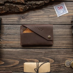 Leather Wallet With Initials, Brown Minimalist Wallet, Credit Cards Holder