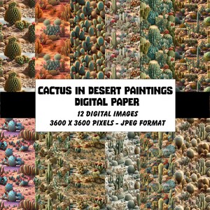 Cactus dans le désert, peinture numérique sur papier sans couture, papier de scrapbooking imprimable, papier journal, lot de scrapbooking, cartes, usage commercial