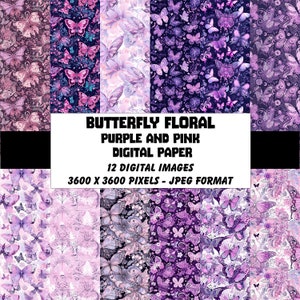 Butterfly Floral Purple and Pink Digital Paper SEAMLESS - Printable Scrapbook Paper, Journal Paper, Scrapbook Bundle, Cards, Commercial Use