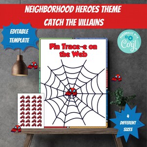 May include: A printable game template titled Pin Trace-e on the Web featuring a black spiderweb illustration on a white background. The set includes a sheet of small red spider stickers and text indicating a Neighborhood Heroes theme and 4 different sizes.