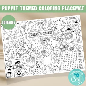 May include: A black and white puppet-themed coloring placemat with the text "PUPPET THEMED COLORING PLACEMAT" and "HARRISON'S BIRTHDAY". The placemat features various cartoon characters, a word search, and the word "EDITABLE".