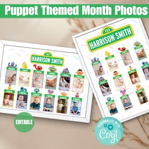 May include: Two framed baby milestone photo displays. Each display features a child's photos from newborn to 11 months, with puppet-themed character accents. The top banner reads "Puppet Themed Month Photos" and includes the name "Harrison Smith". The word "Editable" is visible.