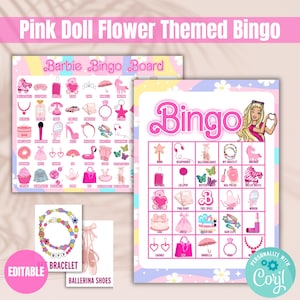 Bingo a tema fiore con bambola rosa modificabile / Tema bambola / Bingo di compleanno / DOWNLOAD DIGITALE / FDL002